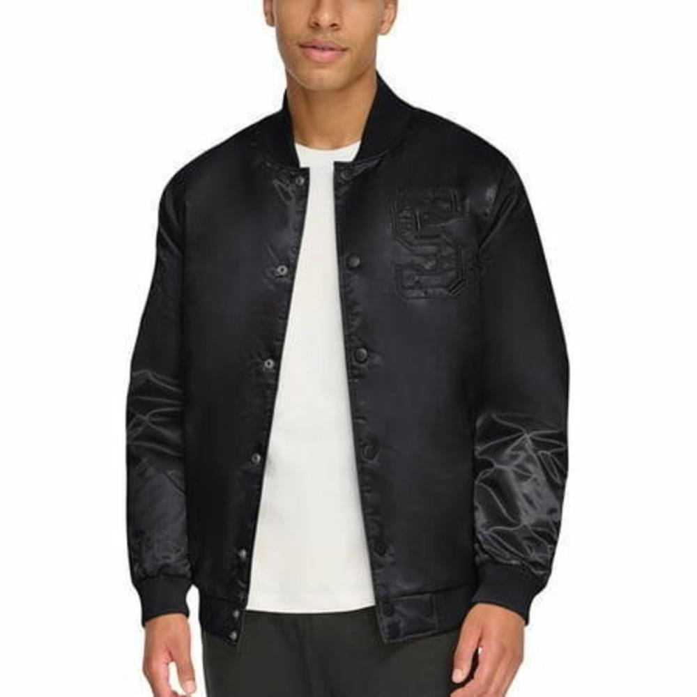 Starter Men s Classic Fit Tonal Satin Varsity Bomber Jacket Black Large